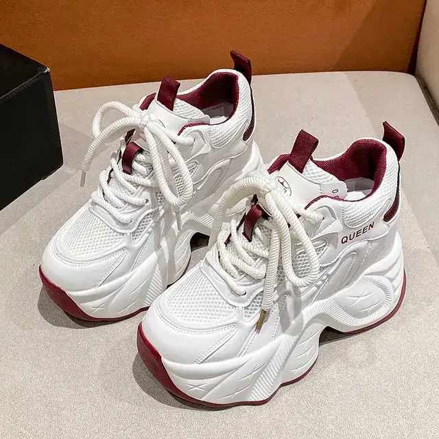 White & Maroon Chunky Platform Sneakers